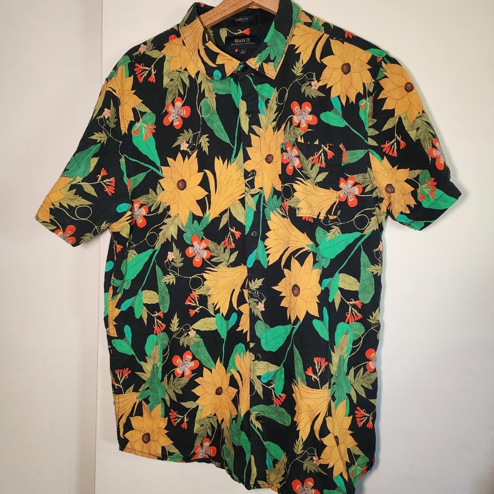 Roark Floral Button Down Mens Large Black RW544 Good Sunfaded Linen Blend
